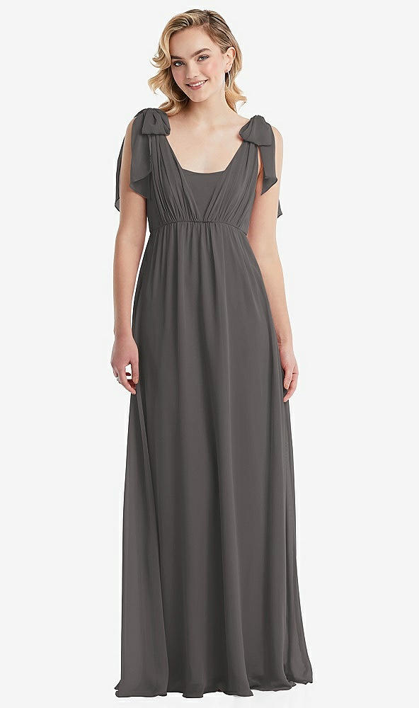 Front View - Caviar Gray Empire Waist Shirred Skirt Convertible Sash Tie Maxi Dress