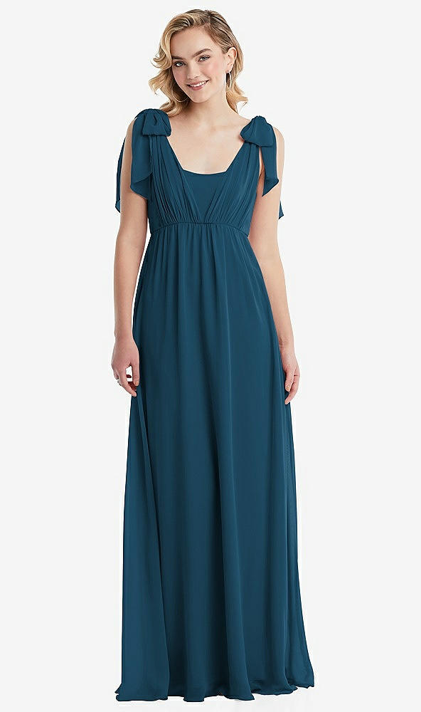 Front View - Atlantic Blue Empire Waist Shirred Skirt Convertible Sash Tie Maxi Dress