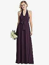 Alt View 1 Thumbnail - Aubergine Empire Waist Shirred Skirt Convertible Sash Tie Maxi Dress