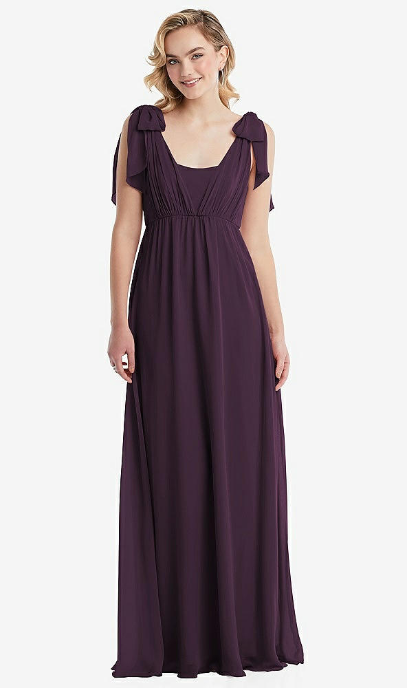 Front View - Aubergine Empire Waist Shirred Skirt Convertible Sash Tie Maxi Dress