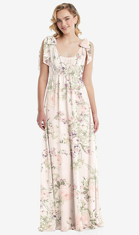 Front View - Blush Garden Empire Waist Shirred Skirt Convertible Sash Tie Maxi Dress