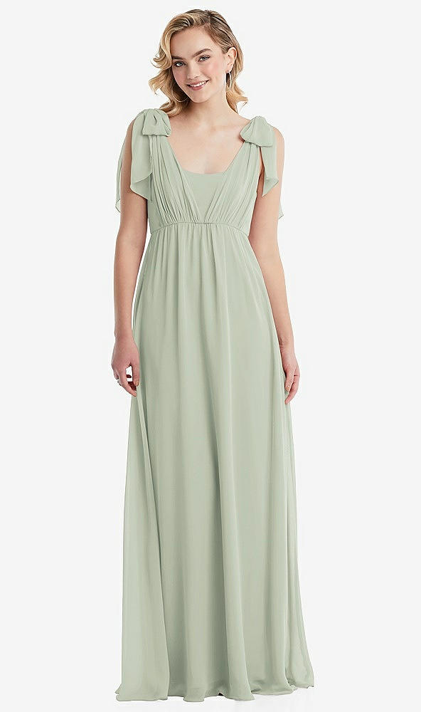 Front View - Celadon Empire Waist Shirred Skirt Convertible Sash Tie Maxi Dress