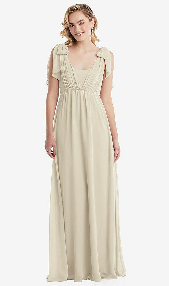 Front View - Champagne Empire Waist Shirred Skirt Convertible Sash Tie Maxi Dress