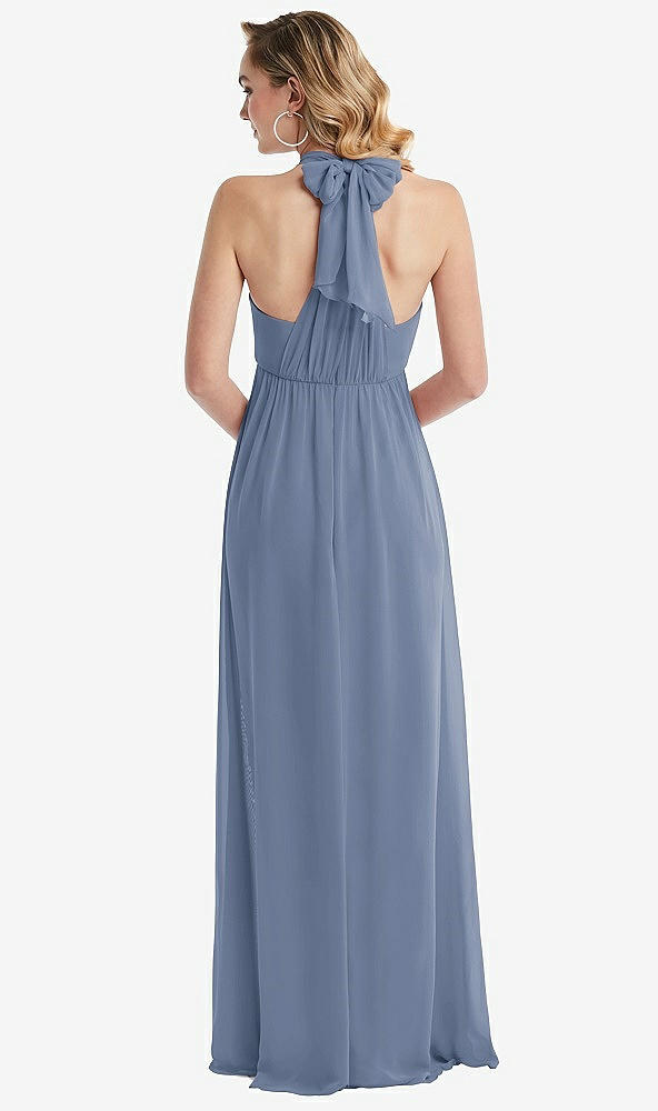 Back View - Larkspur Blue Empire Waist Shirred Skirt Convertible Sash Tie Maxi Dress