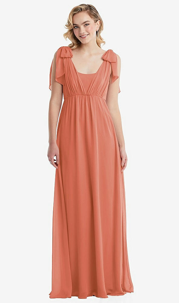 Front View - Terracotta Copper Empire Waist Shirred Skirt Convertible Sash Tie Maxi Dress