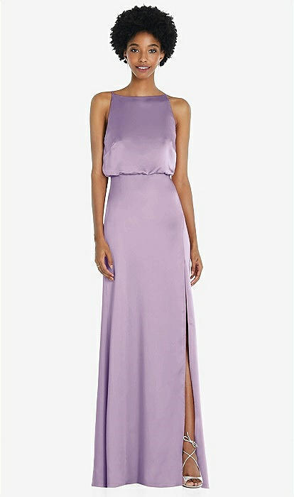 High neck Low Tie back Maxi Bridesmaid Dress With Adjustable Straps In Pale Purple The Dessy Group