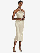 Front View Thumbnail - Champagne Diamond Halter Bias Midi Slip Dress with Convertible Straps