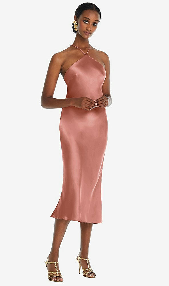 Front View - Desert Rose Diamond Halter Bias Midi Slip Dress with Convertible Straps