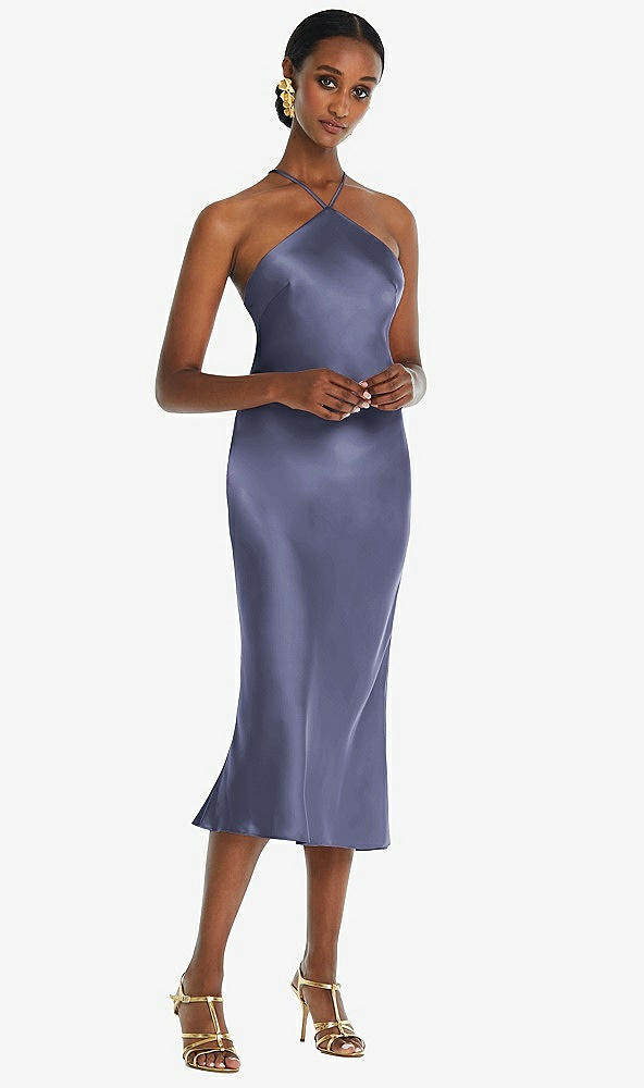 Front View - French Blue Diamond Halter Bias Midi Slip Dress with Convertible Straps