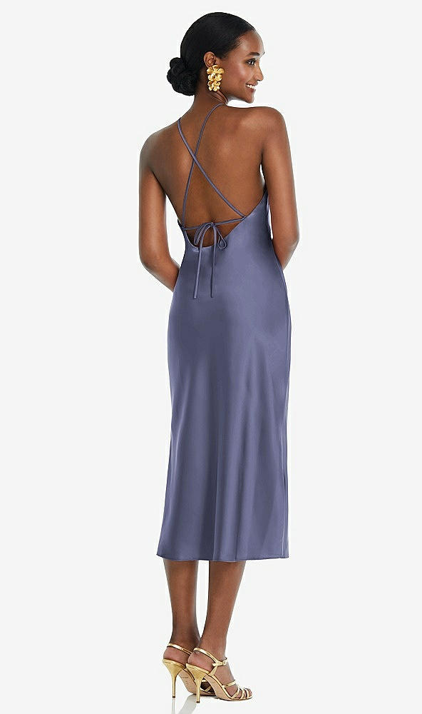 Back View - French Blue Diamond Halter Bias Midi Slip Dress with Convertible Straps