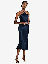 Front View Thumbnail - Midnight Navy Diamond Halter Bias Midi Slip Dress with Convertible Straps