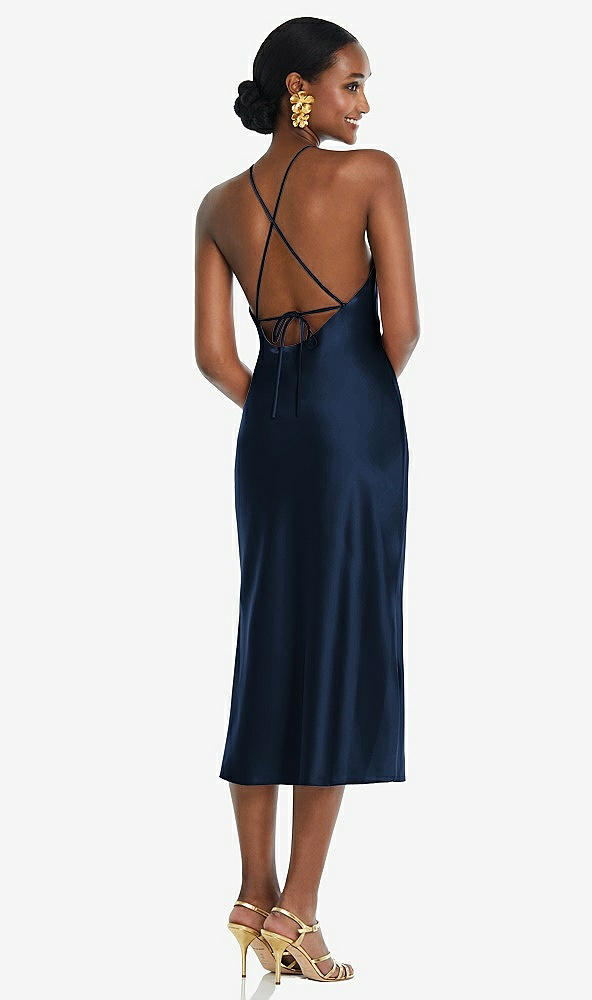 Back View - Midnight Navy Diamond Halter Bias Midi Slip Dress with Convertible Straps