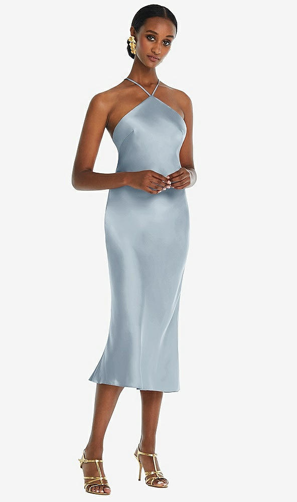 Front View - Mist Diamond Halter Bias Midi Slip Dress with Convertible Straps