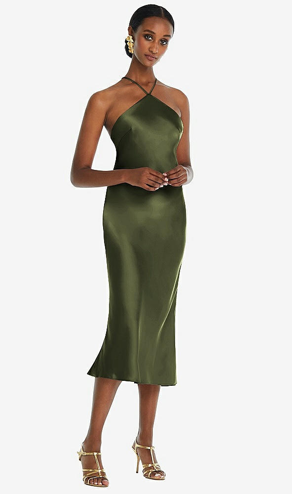 Front View - Olive Green Diamond Halter Bias Midi Slip Dress with Convertible Straps