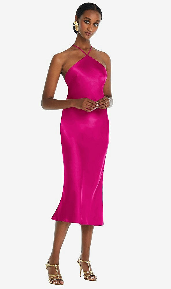 Front View - Think Pink Diamond Halter Bias Midi Slip Dress with Convertible Straps