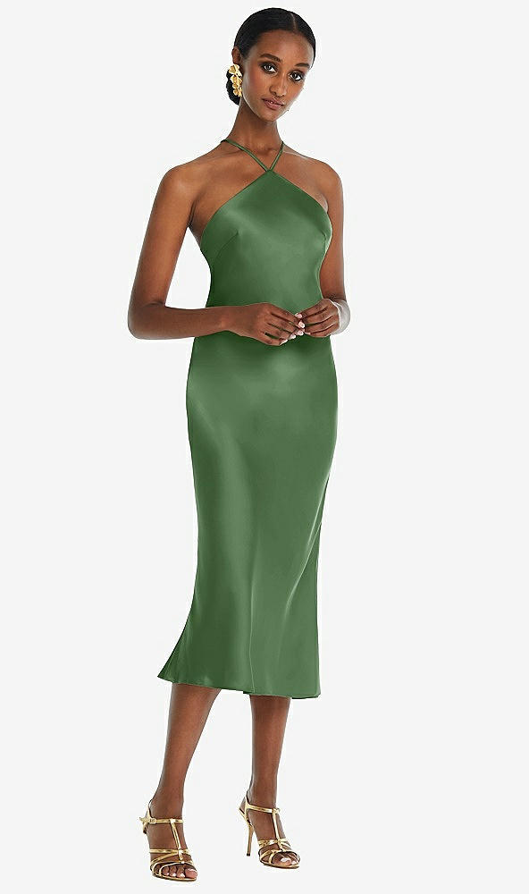 Front View - Vineyard Green Diamond Halter Bias Midi Slip Dress with Convertible Straps