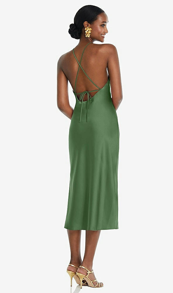 Back View - Vineyard Green Diamond Halter Bias Midi Slip Dress with Convertible Straps