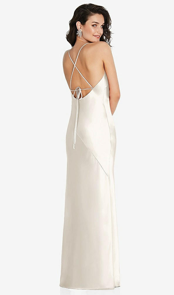 Back View - Ivory V-Neck Convertible Strap Bias Slip Dress with Front Slit