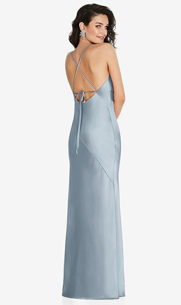 Back View - Mist V-Neck Convertible Strap Bias Slip Dress with Front Slit