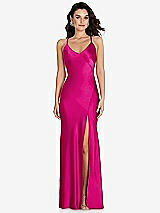 Front View Thumbnail - Think Pink V-Neck Convertible Strap Bias Slip Dress with Front Slit