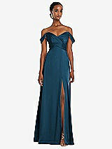 Alt View 1 Thumbnail - Atlantic Blue Off-the-Shoulder Flounce Sleeve Empire Waist Gown with Front Slit