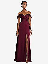 Alt View 1 Thumbnail - Cabernet Off-the-Shoulder Flounce Sleeve Empire Waist Gown with Front Slit