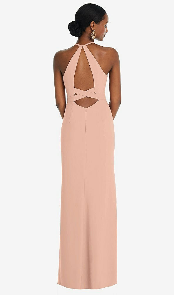 Front View - Pale Peach Halter Criss Cross Cutout Back Maxi Dress