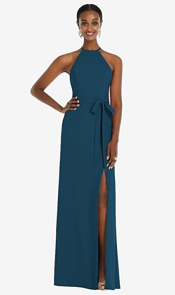 Back View - Atlantic Blue Halter Criss Cross Cutout Back Maxi Dress