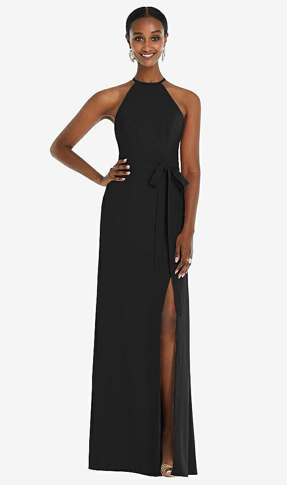 Back View - Black Halter Criss Cross Cutout Back Maxi Dress