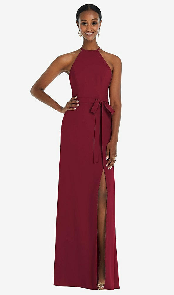 Back View - Burgundy Halter Criss Cross Cutout Back Maxi Dress