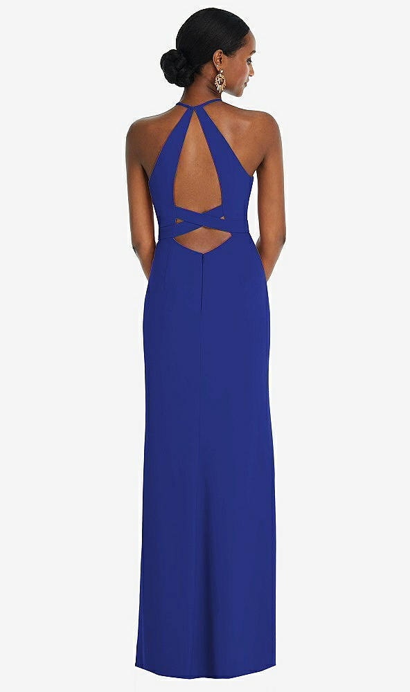 Front View - Cobalt Blue Halter Criss Cross Cutout Back Maxi Dress