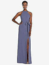 Rear View Thumbnail - French Blue Halter Criss Cross Cutout Back Maxi Dress