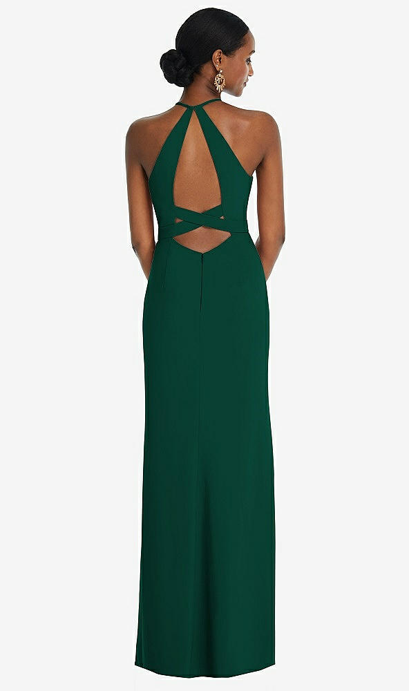 Front View - Hunter Green Halter Criss Cross Cutout Back Maxi Dress