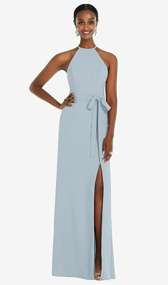 Back View - Mist Halter Criss Cross Cutout Back Maxi Dress