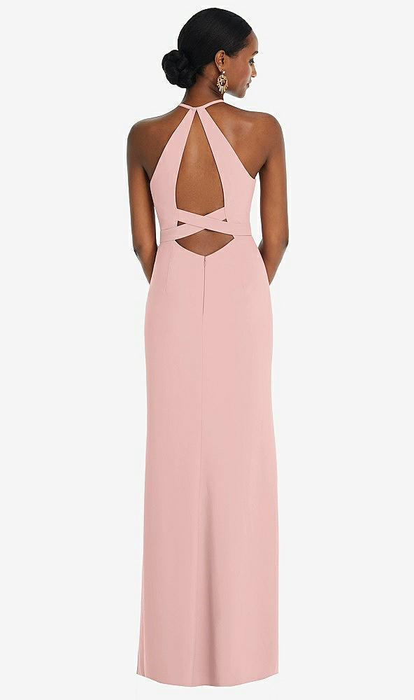 Front View - Rose - PANTONE Rose Quartz Halter Criss Cross Cutout Back Maxi Dress