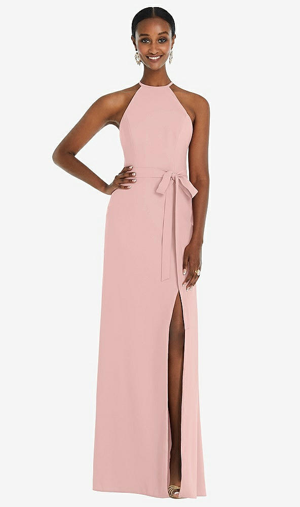 Back View - Rose - PANTONE Rose Quartz Halter Criss Cross Cutout Back Maxi Dress