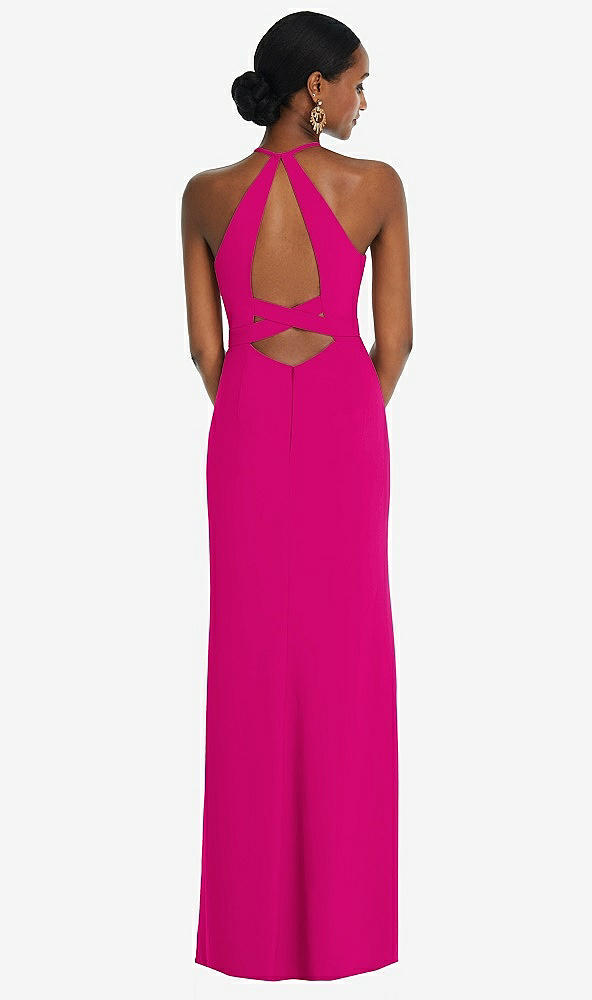 Front View - Think Pink Halter Criss Cross Cutout Back Maxi Dress