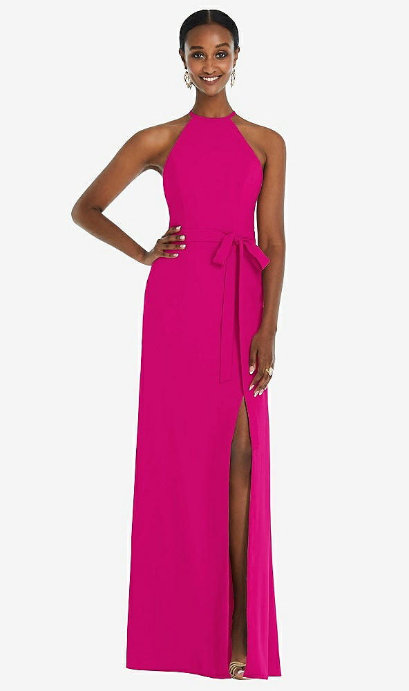 Back View - Think Pink Halter Criss Cross Cutout Back Maxi Dress