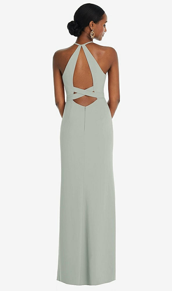 Front View - Willow Green Halter Criss Cross Cutout Back Maxi Dress