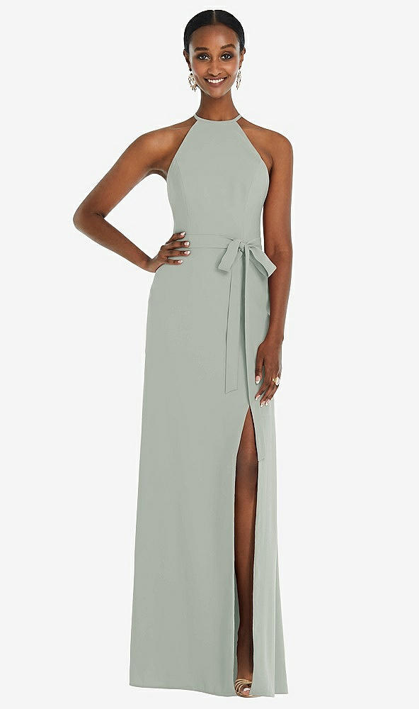 Back View - Willow Green Halter Criss Cross Cutout Back Maxi Dress