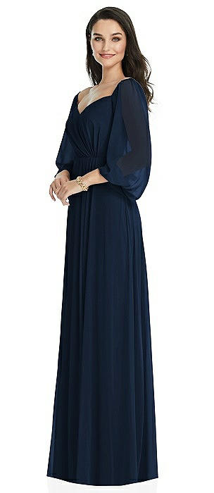 Off-the-Shoulder Puff Sleeve Maxi Dress with Front Slit