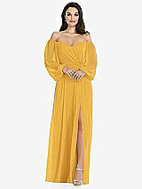 Side View Thumbnail - NYC Yellow Off-the-Shoulder Puff Sleeve Maxi Dress with Front Slit