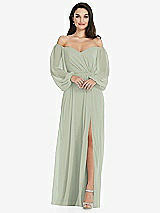 Side View Thumbnail - Celadon Off-the-Shoulder Puff Sleeve Maxi Dress with Front Slit