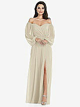 Side View Thumbnail - Champagne Off-the-Shoulder Puff Sleeve Maxi Dress with Front Slit