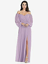 Side View Thumbnail - Pale Purple Off-the-Shoulder Puff Sleeve Maxi Dress with Front Slit