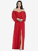 Side View Thumbnail - Parisian Red Off-the-Shoulder Puff Sleeve Maxi Dress with Front Slit