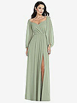 Alt View 1 Thumbnail - Sage Off-the-Shoulder Puff Sleeve Maxi Dress with Front Slit