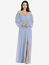 Side View Thumbnail - Sky Blue Off-the-Shoulder Puff Sleeve Maxi Dress with Front Slit