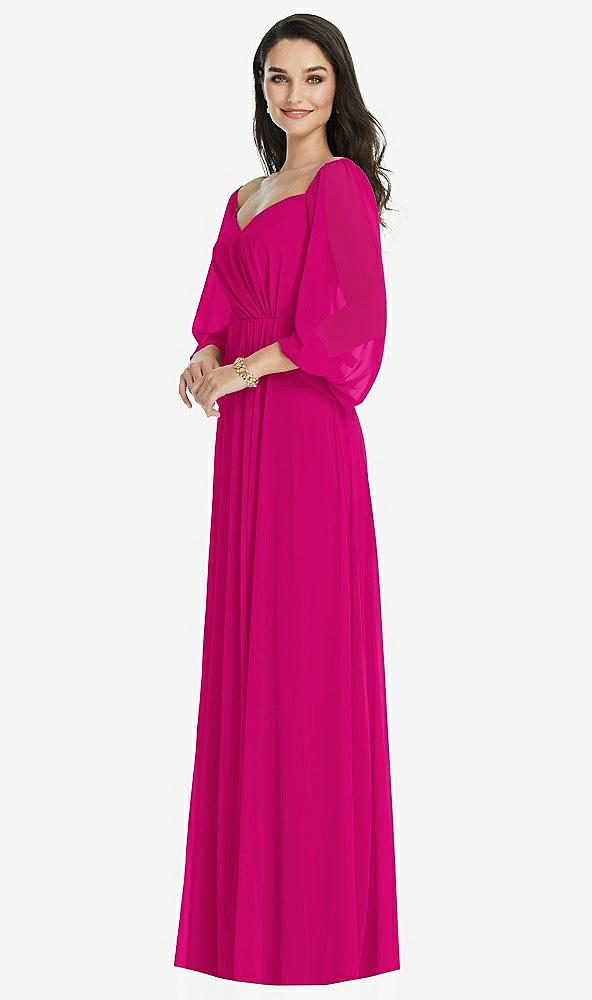 Front View - Think Pink Off-the-Shoulder Puff Sleeve Maxi Dress with Front Slit