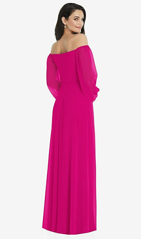 Back View - Think Pink Off-the-Shoulder Puff Sleeve Maxi Dress with Front Slit